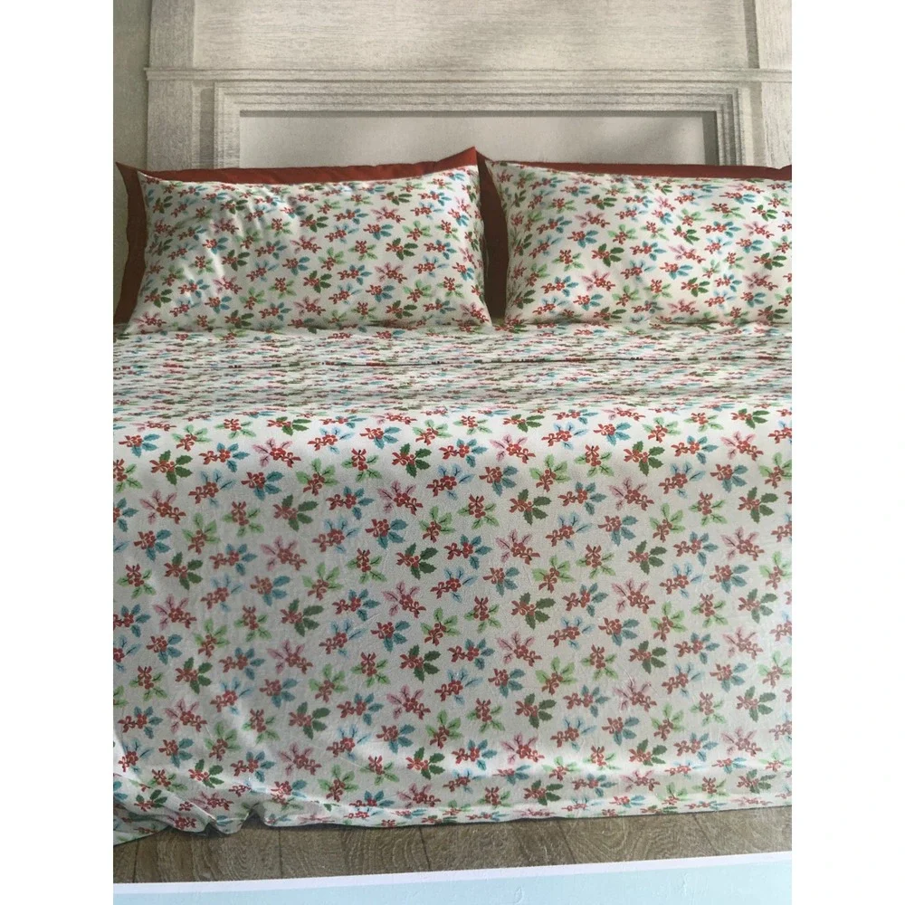 Cath Kidston Queen Sheet Set Holly Berry Christmas Holiday Floral 4‎ Piece NEW